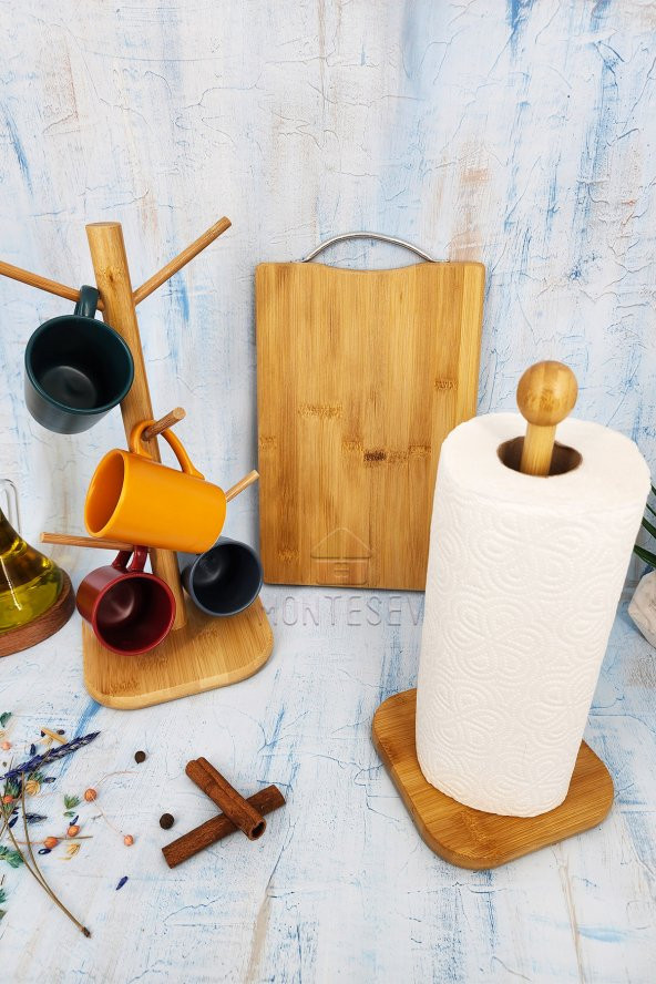 3 lü Ahşap Bambu Mutfak Seti Fincan Askılığı Askısı Kesme Tahtası Kağıt Havluluk ürün görseli