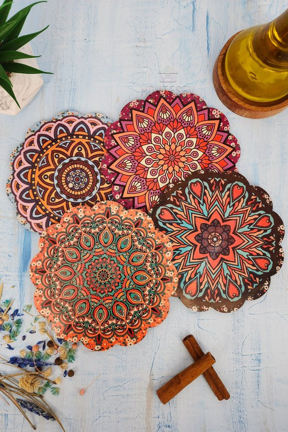 Renkli Desenli Nihale Ahşap Tencere Tava Çaydanlık Atlığı Nihale Seti 4 lü Set ürün görseli