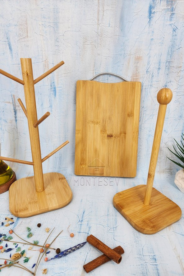 3 lü Ahşap Bambu Mutfak Seti Fincan Askılığı Askısı Kesme Tahtası Kağıt Havluluk - Resim 2