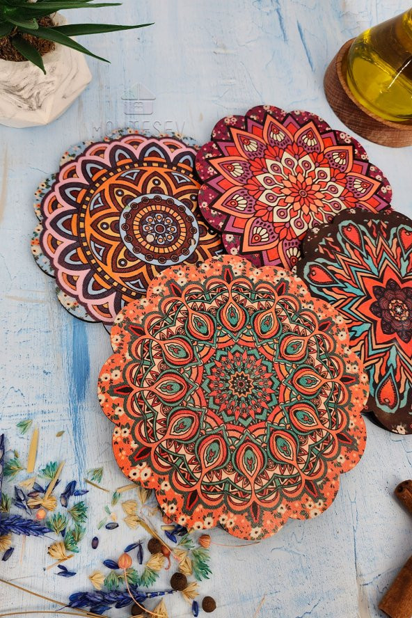 Renkli Desenli Nihale Ahşap Tencere Tava Çaydanlık Atlığı Nihale Seti 4 lü Set - Resim 2