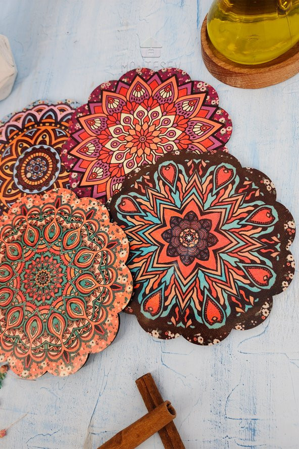 Renkli Desenli Nihale Ahşap Tencere Tava Çaydanlık Atlığı Nihale Seti 4 lü Set - Resim 3