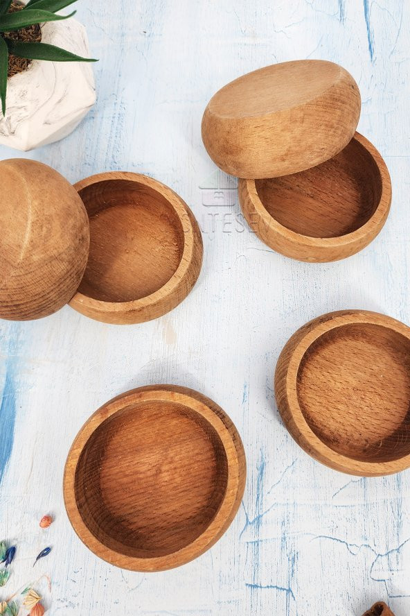 6 Adet Çerezlik Ahşap Doğal Çerezlik Yuvarlak Sunum Kase Gürgen - Resim 4