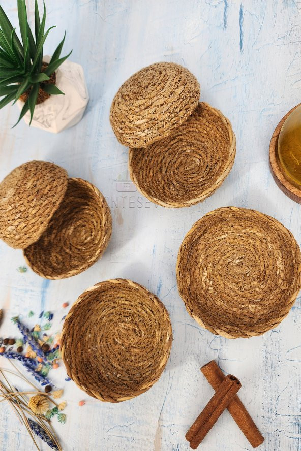 6 Adet Hasır Çerezlik Doğal Çerezlik Yuvarlak Sunum Kase ( Doğal Hasır ) - Resim 2