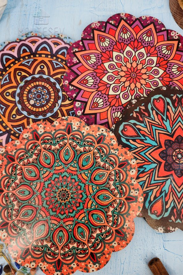 Renkli Desenli Nihale Ahşap Tencere Tava Çaydanlık Atlığı Nihale Seti 4 lü Set - Resim 4