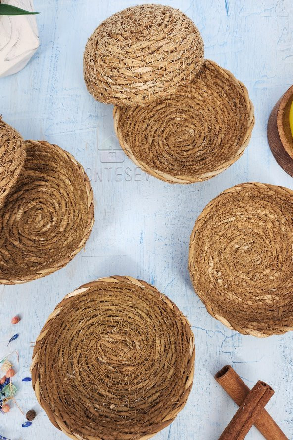 6 Adet Hasır Çerezlik Doğal Çerezlik Yuvarlak Sunum Kase ( Doğal Hasır ) - Resim 4