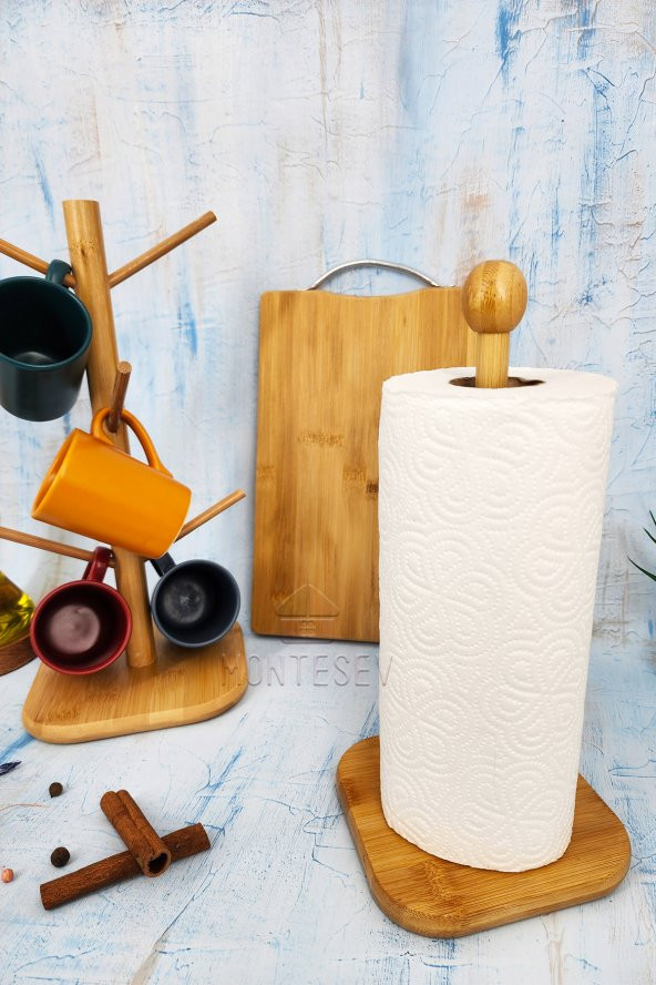 3 lü Ahşap Bambu Mutfak Seti Fincan Askılığı Askısı Kesme Tahtası Kağıt Havluluk - Resim 4