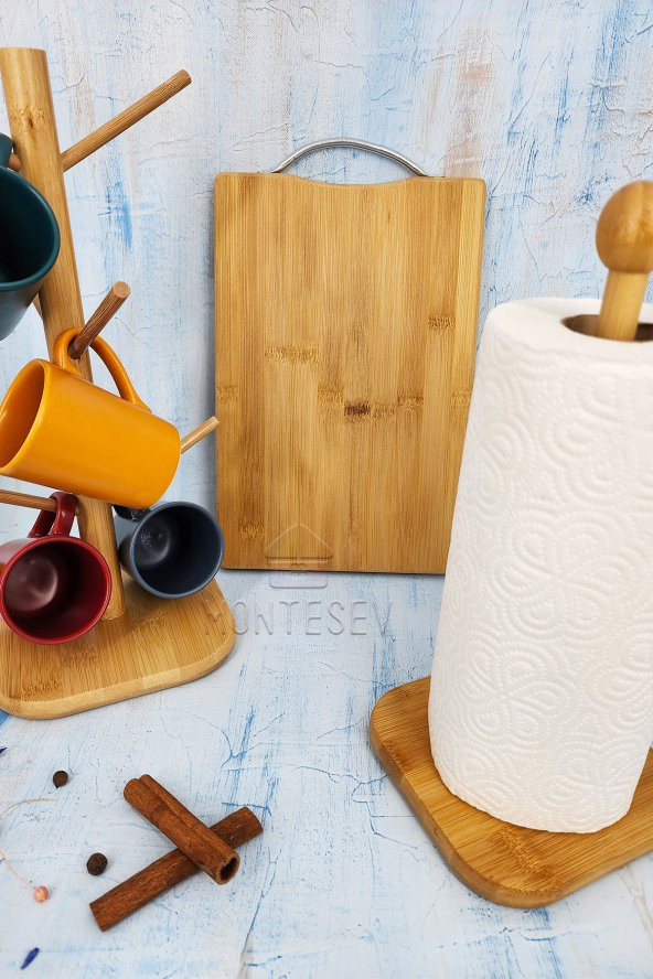 3 lü Ahşap Bambu Mutfak Seti Fincan Askılığı Askısı Kesme Tahtası Kağıt Havluluk - Resim 5