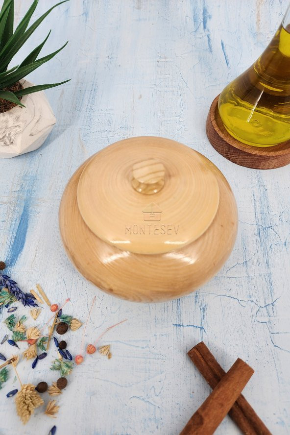 Ahşap Kapaklı Şekerlik Tuzluk Baharatlık Çerezlik Kapaklı Kase Naturel Renk - 2