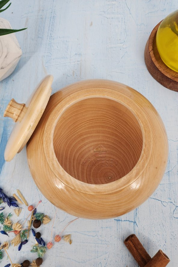 Ahşap Kapaklı Şekerlik Tuzluk Baharatlık Çerezlik Kapaklı Kase Naturel Renk - 3