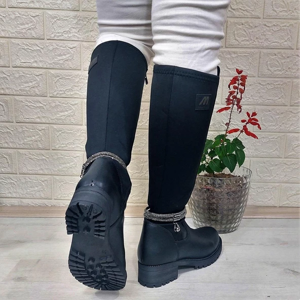 M.P 2753 Siyah Taşlı Ligralı Fermuarlı 45cm Bayan Çizme - 6