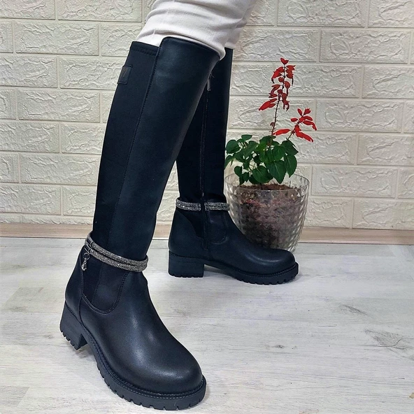 M.P 2753 Siyah Taşlı Ligralı Fermuarlı 45cm Bayan Çizme - 4