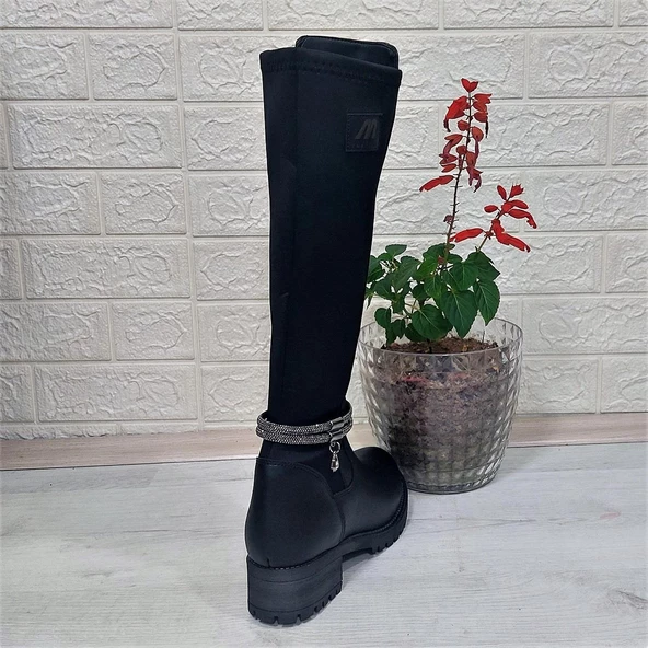 M.P 2753 Siyah Taşlı Ligralı Fermuarlı 45cm Bayan Çizme - 9