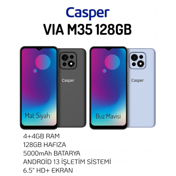 CASPER VIA M35 4+4 GB RAM 128 GB SİYAH (CASPER TÜRKİYE GARANTİLİ)