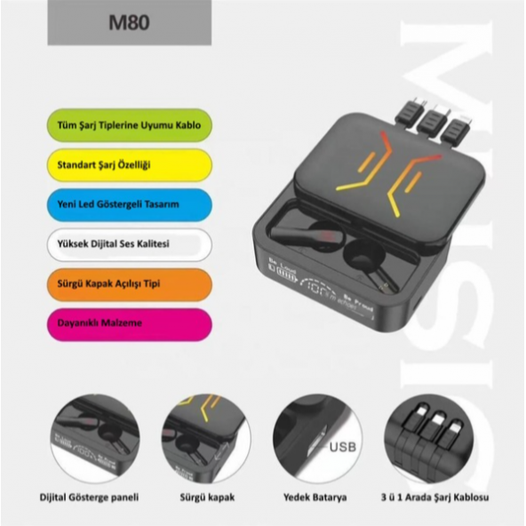 Power M80 2000 mAh Powerbanklı Bluetooth Kablosuz Kulaklık - 3