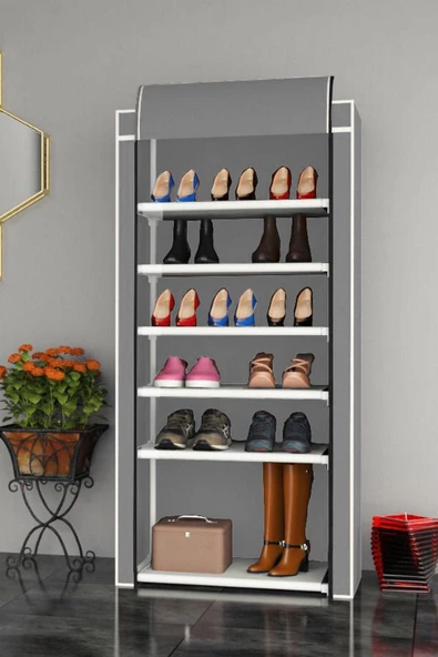 CimriKese Çok Amaçlı Geniş Kullanıma Uygun 6 Katlı Bez Ayakkabılık Dolap Gri Renkli