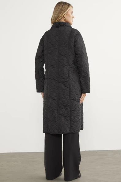İçi Tamamen Pelüş Kapitone Uzun Kaban - Siyah - 7