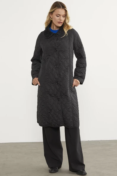 İçi Tamamen Pelüş Kapitone Uzun Kaban - Siyah - 5