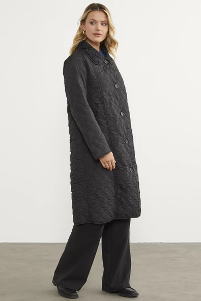 İçi Tamamen Pelüş Kapitone Uzun Kaban - Siyah - 4