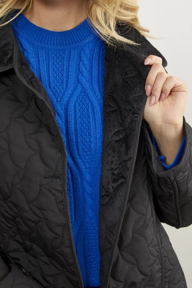 İçi Tamamen Pelüş Kapitone Uzun Kaban - Siyah - 6