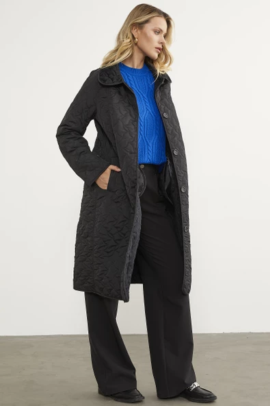 İçi Tamamen Pelüş Kapitone Uzun Kaban - Siyah - 3