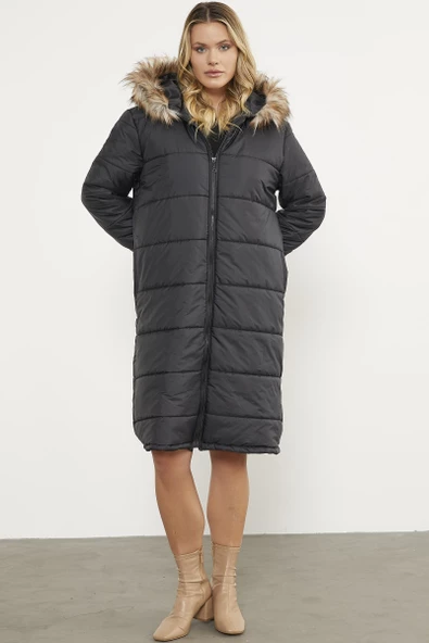 Suni Kürk Kapüşonlu Uzun Kaban - Siyah - Resim 4