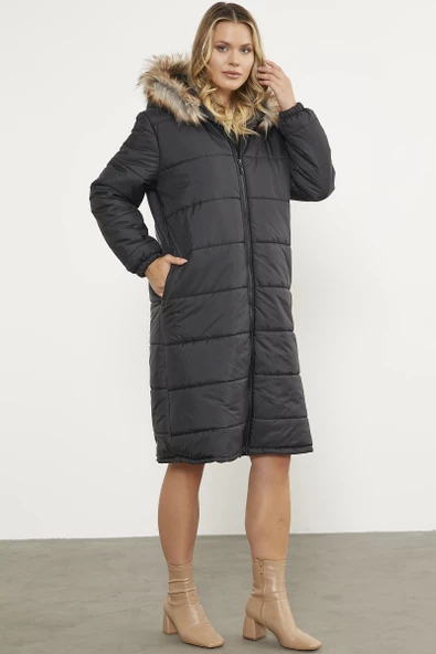 Suni Kürk Kapüşonlu Uzun Kaban - Siyah - Resim 3