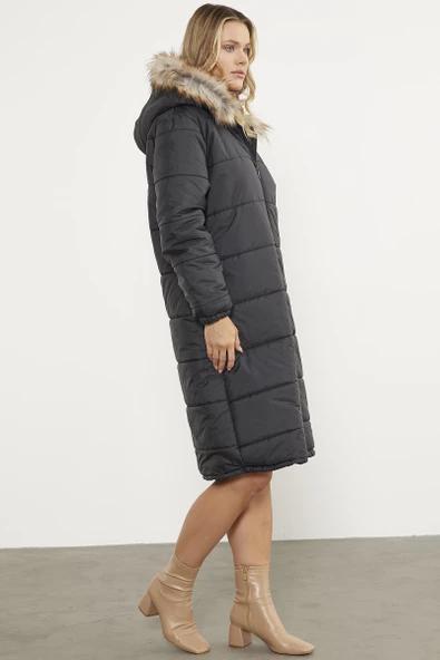 Suni Kürk Kapüşonlu Uzun Kaban - Siyah - Resim 5