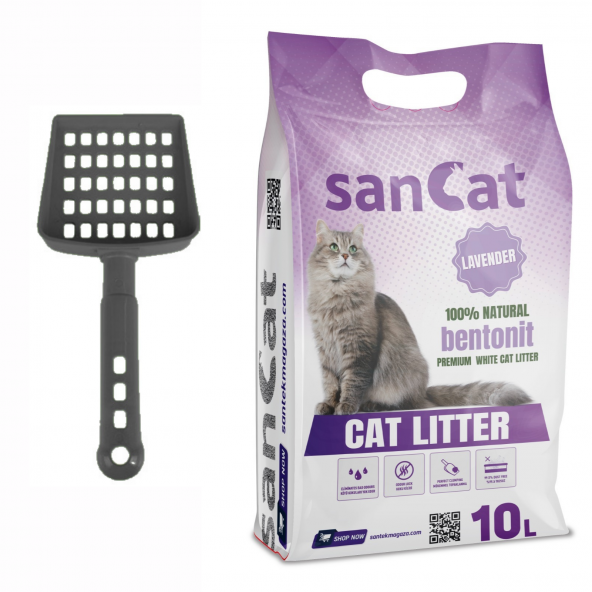 Sancat Premium Lavanta Kokulu Topaklaşan Beyaz Bentonit Kedi Kumu 10  L + Kürek