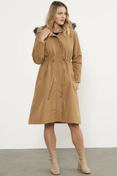 Suni Kürk Kapüşonlu Beli Ayarlanabilir Uzun Trençkot - Vizon - 4