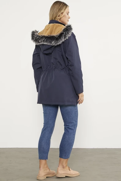 Suni Kürk Kapüşonlu Beli Ayarlanabilir Mont - Lacivert - 5