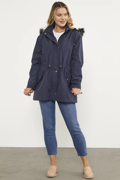 Suni Kürk Kapüşonlu Beli Ayarlanabilir Mont - Lacivert - 4