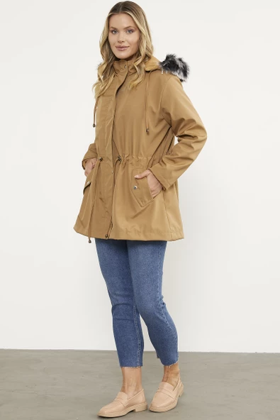 Suni Kürk Kapüşonlu Beli Ayarlanabilir Mont - Vizon - 3