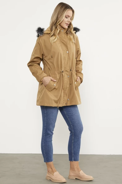 Suni Kürk Kapüşonlu Beli Ayarlanabilir Mont - Vizon - 5