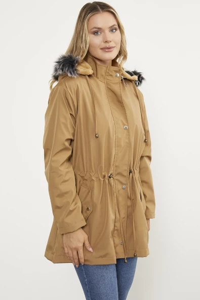 Suni Kürk Kapüşonlu Beli Ayarlanabilir Mont - Vizon - 6