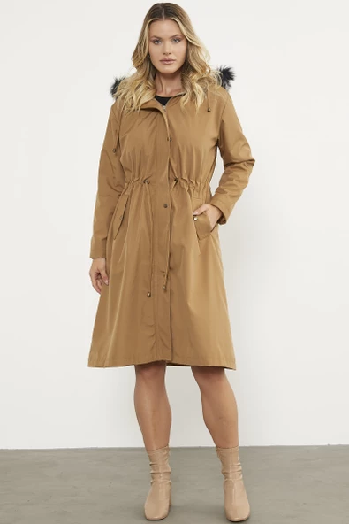 Suni Kürk Kapüşonlu Beli Ayarlanabilir Uzun Trençkot - Vizon - 3