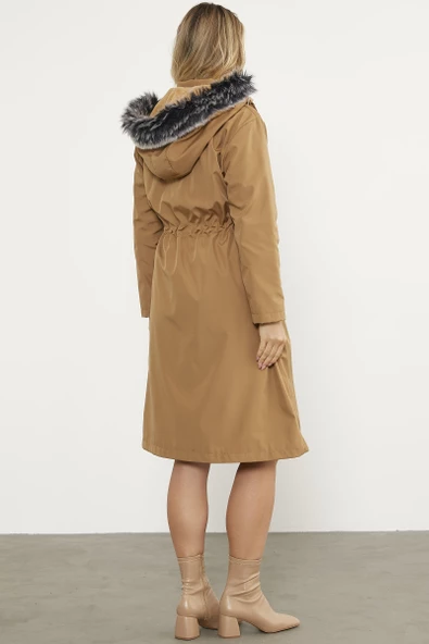 Suni Kürk Kapüşonlu Beli Ayarlanabilir Uzun Trençkot - Vizon - 7