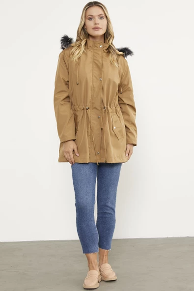 Suni Kürk Kapüşonlu Beli Ayarlanabilir Mont - Vizon - 2