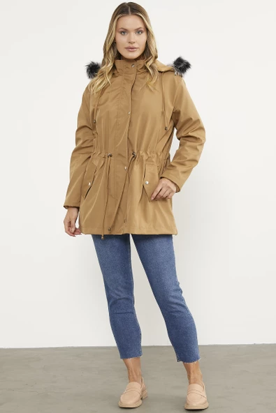 Suni Kürk Kapüşonlu Beli Ayarlanabilir Mont - Vizon