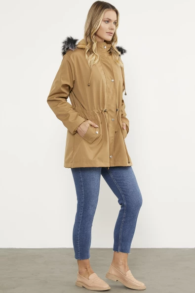 Suni Kürk Kapüşonlu Beli Ayarlanabilir Mont - Vizon - 4