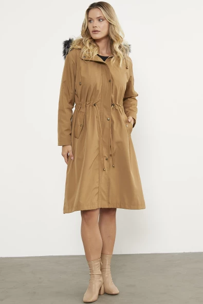 Suni Kürk Kapüşonlu Beli Ayarlanabilir Uzun Trençkot - Vizon - 2