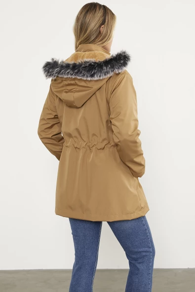 Suni Kürk Kapüşonlu Beli Ayarlanabilir Mont - Vizon - 7