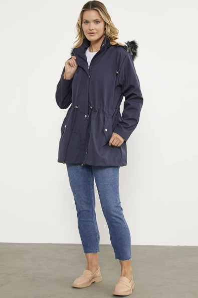 Suni Kürk Kapüşonlu Beli Ayarlanabilir Mont - Lacivert - 2