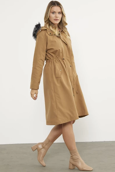 Suni Kürk Kapüşonlu Beli Ayarlanabilir Uzun Trençkot - Vizon - 6