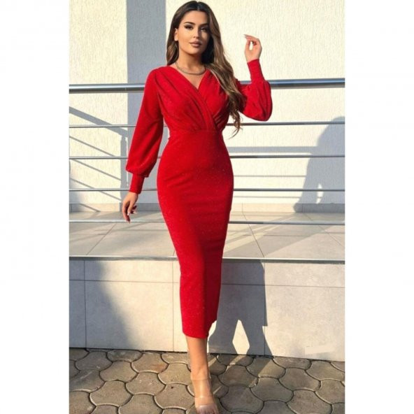 Kruvaze Yaka Simli Kalem Elbise Kırmızı - 3