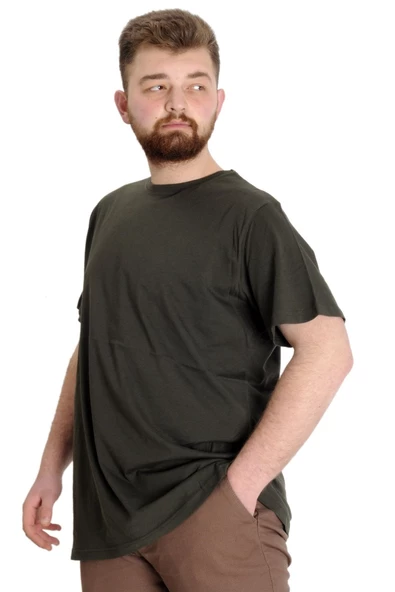 Mode XL Büyük Beden Erkek Tshirt Bisiklet Yaka Basic 20031 Haki - Resim 2