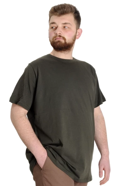 Mode XL Büyük Beden Erkek Tshirt Bisiklet Yaka Basic 20031 Haki - Resim 3