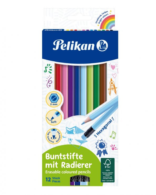 Pelikan Kuru Boya Kalemi Silgili 12 Renk Kuru Boya Kalemi Silgili