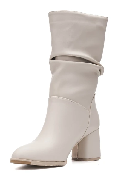 Günlük Kadın Dizaltı Çizme Körüklü Kalın Yüksek Topuklu Fermuarsız Tay Tüylü Astar Bot Bootie 2430 - 5