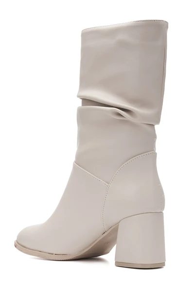 Günlük Kadın Dizaltı Çizme Körüklü Kalın Yüksek Topuklu Fermuarsız Tay Tüylü Astar Bot Bootie 2430 - 6