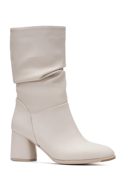 Günlük Kadın Dizaltı Çizme Körüklü Kalın Yüksek Topuklu Fermuarsız Tay Tüylü Astar Bot Bootie 2430 - 4